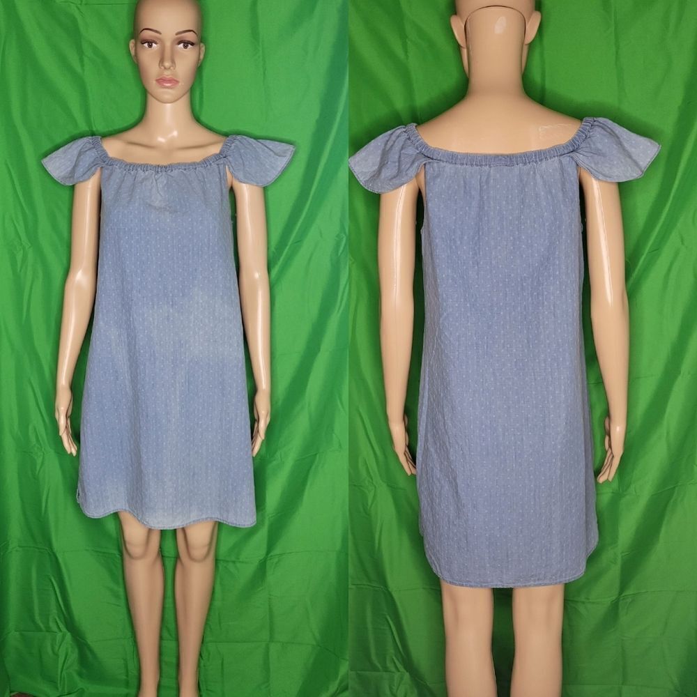 J Crew Factory Blue Denim Mini Shift Off Shoulder Cotton Sundress